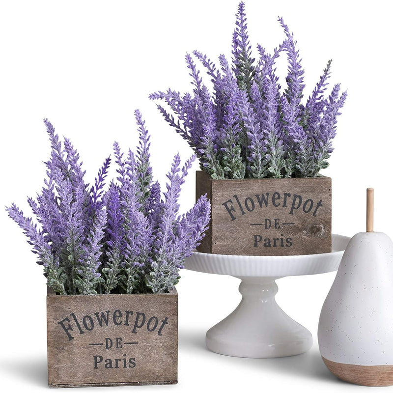 Butterfly Craze Artificial Lavender Plants in Rustic Wooden Planters - Home or Office Decoration (Set of Two) - Brown Wood