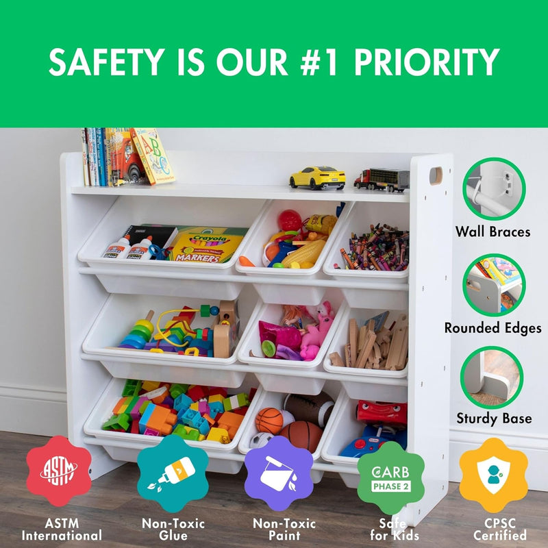 Humble Crew Kids Storage Shelf Organizer Toy Storage Rack with 9 Storage Boxes, White/White