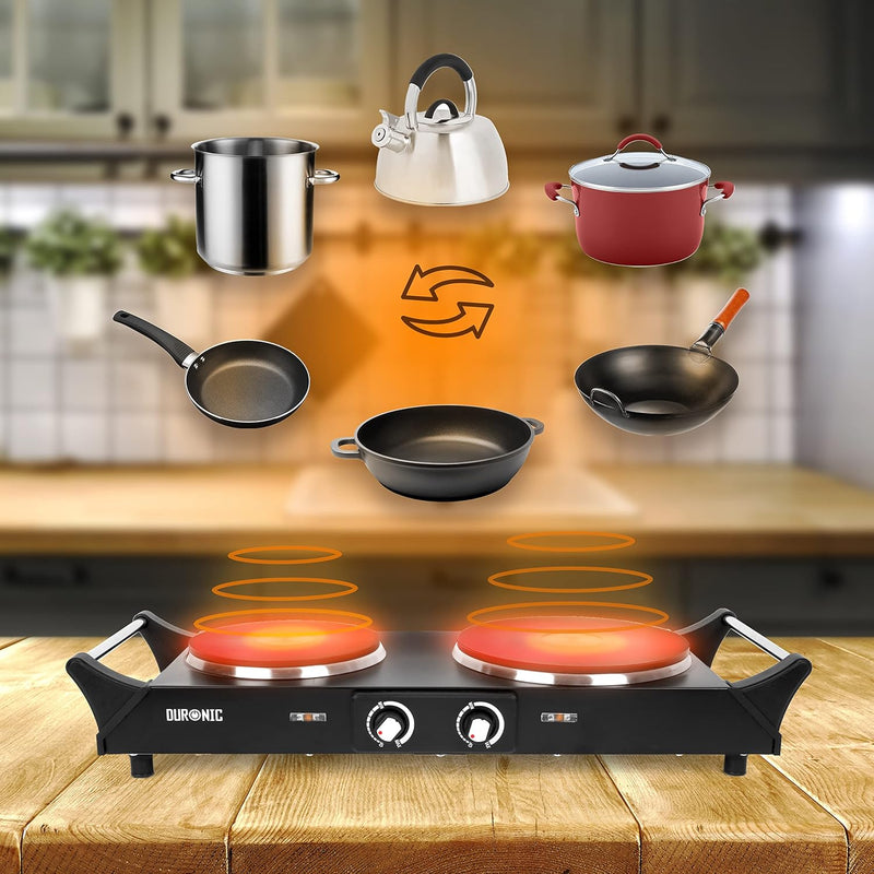 Duronic HP2 BK Electric Stove 2500W 2 Cast Iron Plates with Heat-Insulated Handles Adjustable Temperature Portable Hob for Camping Travel Office and Home Steel I