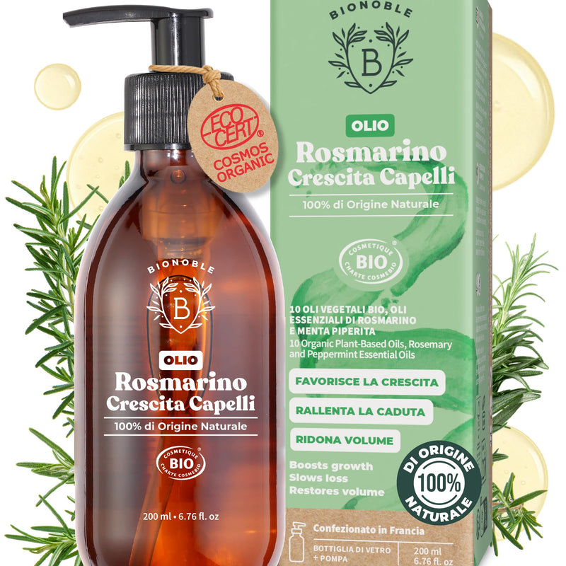 BIONOBLE Rosemary Oil for Organic Hair - Stimulates Growth and Reduces Loss - Rosemary, Castor, Argan and Jojoba Essential Oil - Rosemary Oil for Hair Growth - Glass Bottle + Pipette - 50 ml