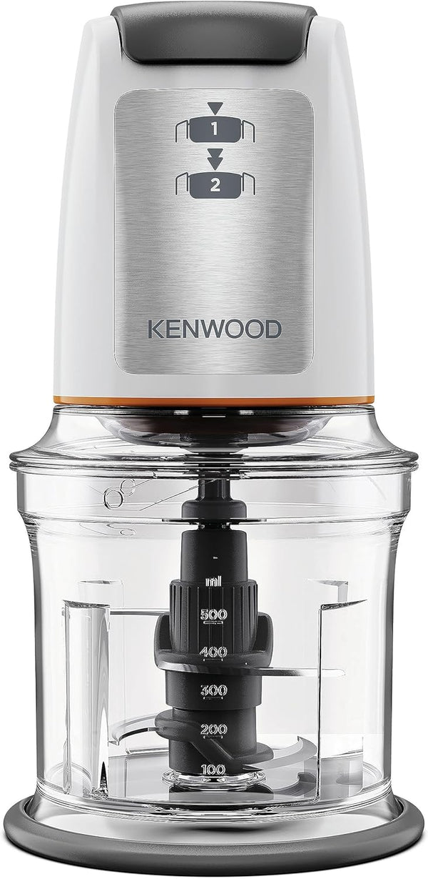 Kenwood Chopper CHP61.100WH, 500W Power, 0.5L Bowl, 2 Speeds, Four Blade System, Non-Slip Ring for Stability of the Chopper, Dishwasher Safe, White/SIlver
