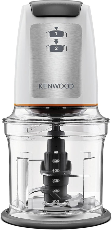 Kenwood Chopper CHP61.100WH, 500W Power, 0.5L Bowl, 2 Speeds, Four Blade System, Non-Slip Ring for Stability of the Chopper, Dishwasher Safe, White/SIlver