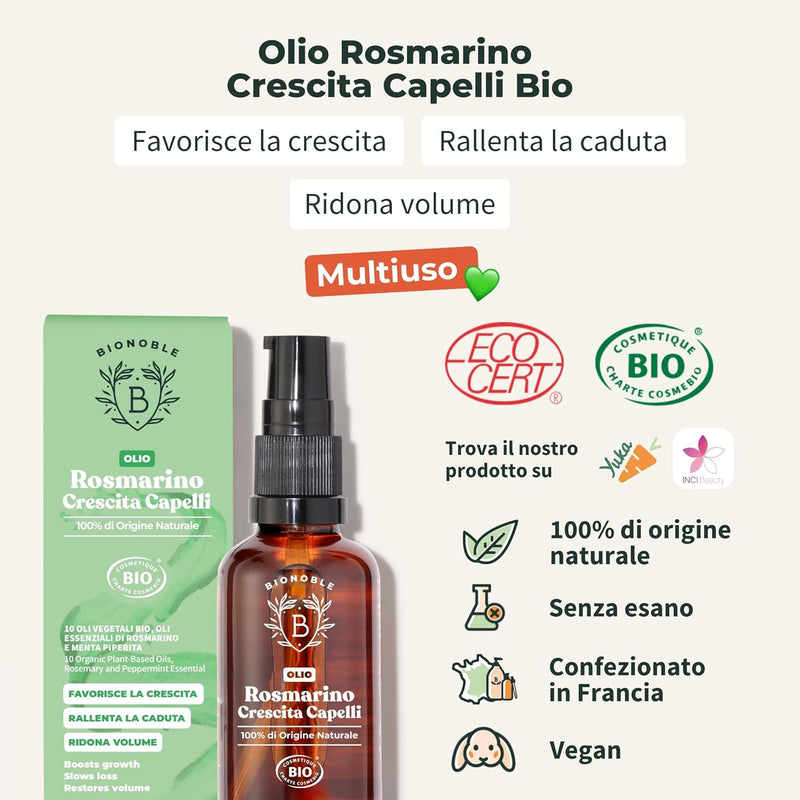BIONOBLE Rosemary Oil for Organic Hair - Stimulates Growth and Reduces Loss - Rosemary, Castor, Argan and Jojoba Essential Oil - Rosemary Oil for Hair Growth - Glass Bottle + Pipette - 50 ml