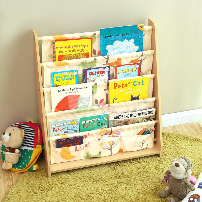 Songmics GKR71YL 4 Tier Fabric Shelving Unit for Children, Maple Finish, Multicoloured, 62 x 28 x 72 cm