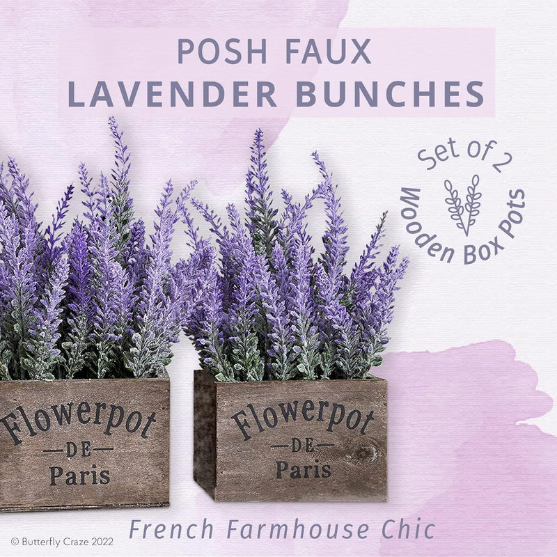 Butterfly Craze Artificial Lavender Plants in Rustic Wooden Planters - Home or Office Decoration (Set of Two) - Brown Wood