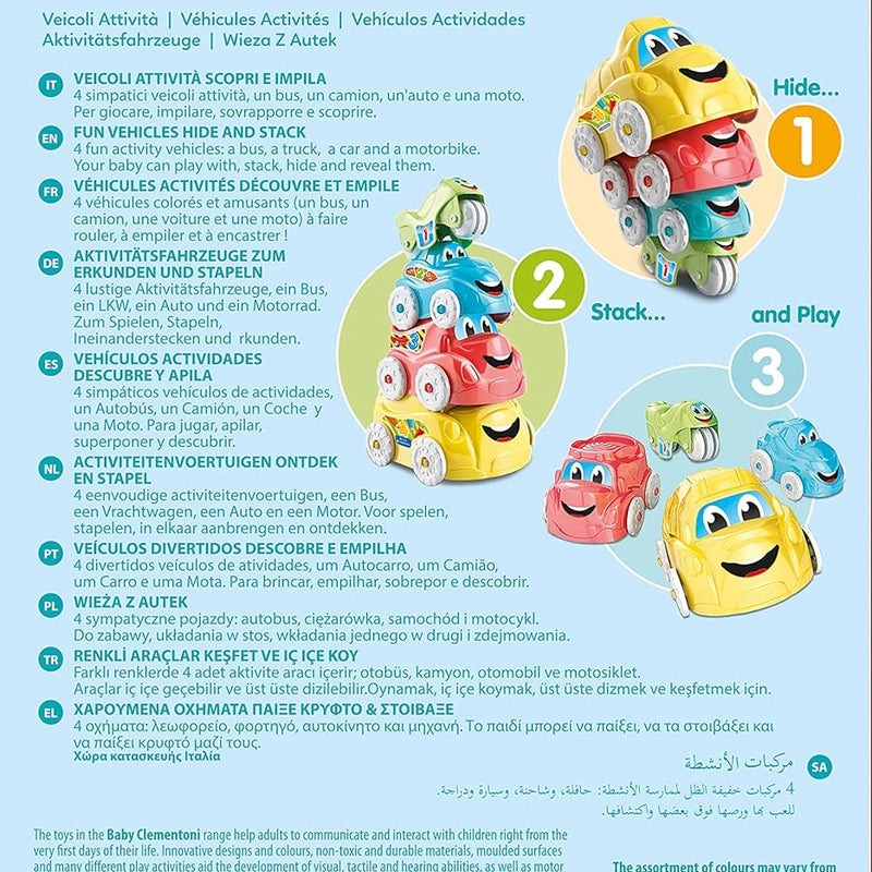Baby Clementoni – Activity Vehicles, Cars for Children 10+ Months, Early Childhood Toy Made in Italy, Play For Future, 4 Stacking Vehicles for Developing Coordination, Manuality and Creativity, 17111