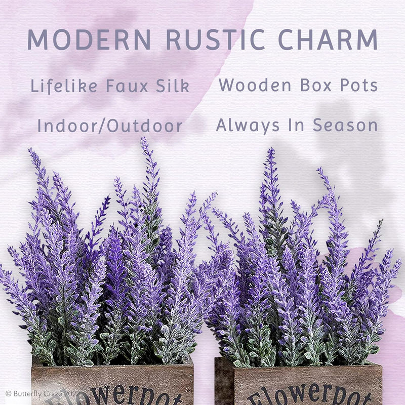 Butterfly Craze Artificial Lavender Plants in Rustic Wooden Planters - Home or Office Decoration (Set of Two) - Brown Wood
